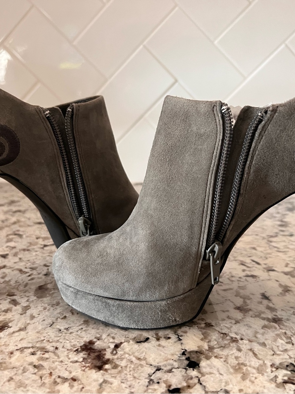 Gianni Bini Gray Suede Platform Ankle Booties with Side Zipper Detail